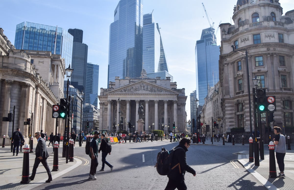 London financial district with people walking outside Bank Station
